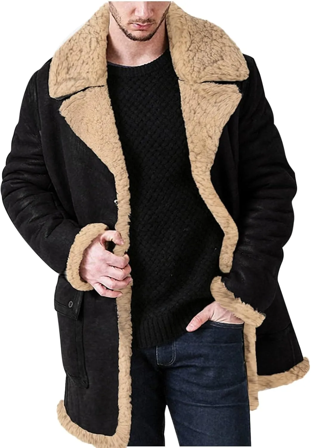 Men's Thick Fleece Leather Jacket Motorcycle Faux Leather Lined Coats Aviator Bomber Jackets Lapel Punk Outwear