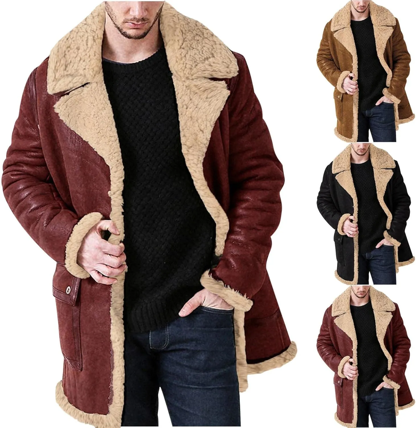 Men's Thick Fleece Leather Jacket Motorcycle Faux Leather Lined Coats Aviator Bomber Jackets Lapel Punk Outwear