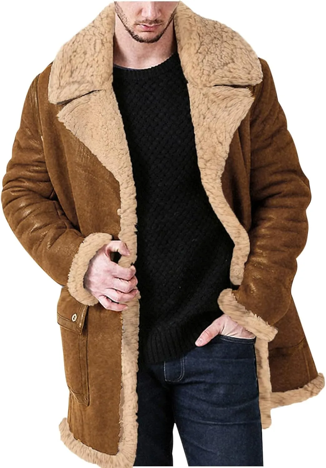 Men's Thick Fleece Leather Jacket Motorcycle Faux Leather Lined Coats Aviator Bomber Jackets Lapel Punk Outwear