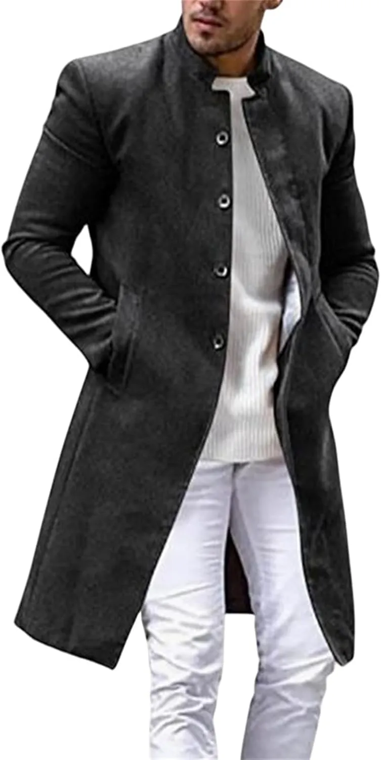 Mens Trench Coat Slim Fit Stand Collar Mid Length Overcoat Windproof Wool Blend Peacoat Single Breasted Jackets Fall Winter
