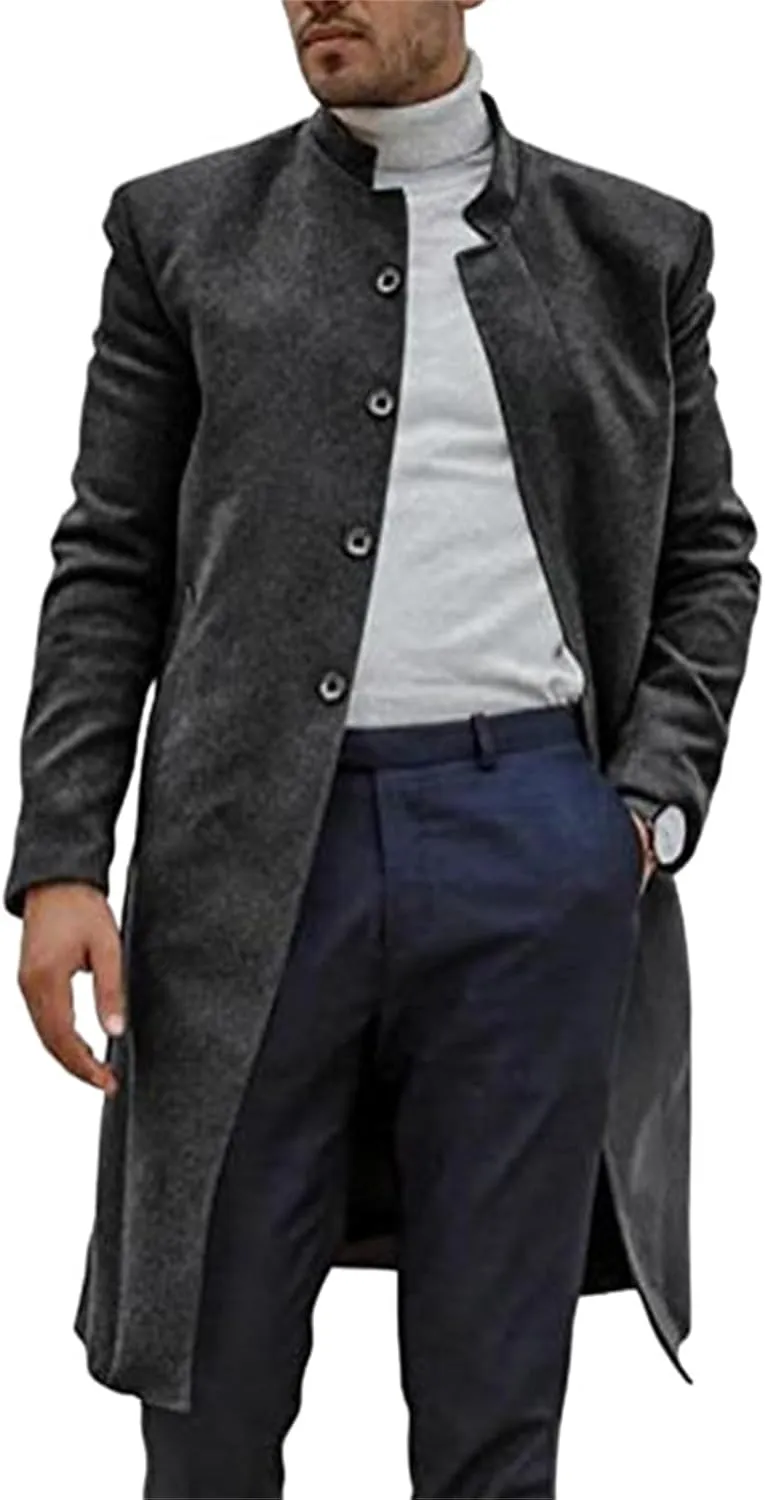 Mens Trench Coat Slim Fit Stand Collar Mid Length Overcoat Windproof Wool Blend Peacoat Single Breasted Jackets Fall Winter