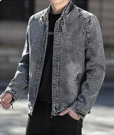 Men's Vintage Stand Collar Denim Jacket Casual Lightweight Distressed Motorcycle Coat Slim Zipper Warm Jean Jacket