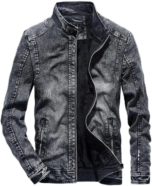 Men's Vintage Stand Collar Denim Jacket Casual Lightweight Distressed Motorcycle Coat Slim Zipper Warm Jean Jacket