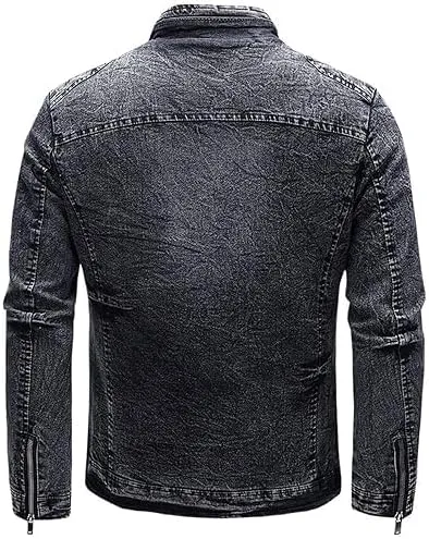 Men's Vintage Stand Collar Denim Jacket Casual Lightweight Distressed Motorcycle Coat Slim Zipper Warm Jean Jacket