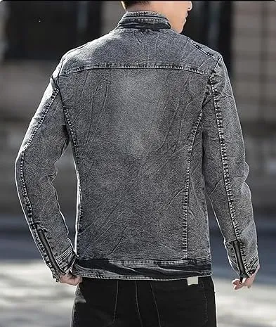 Men's Vintage Stand Collar Denim Jacket Casual Lightweight Distressed Motorcycle Coat Slim Zipper Warm Jean Jacket