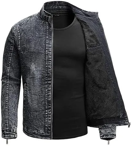 Men's Vintage Stand Collar Denim Jacket Casual Lightweight Distressed Motorcycle Coat Slim Zipper Warm Jean Jacket