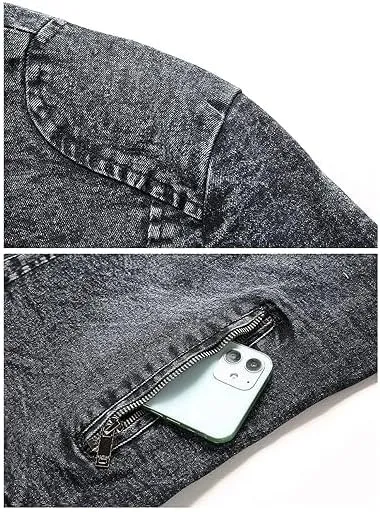 Men's Vintage Stand Collar Denim Jacket Casual Lightweight Distressed Motorcycle Coat Slim Zipper Warm Jean Jacket