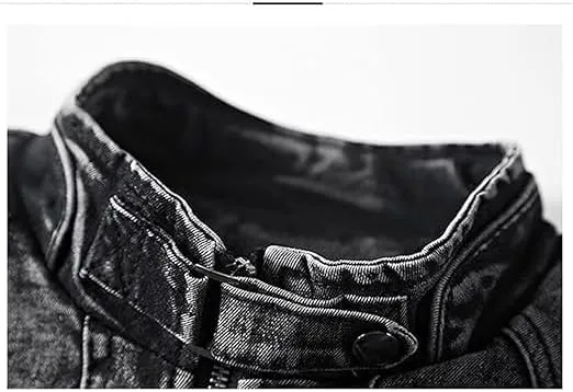 Men's Vintage Stand Collar Denim Jacket Casual Lightweight Distressed Motorcycle Coat Slim Zipper Warm Jean Jacket
