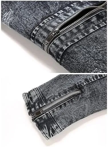 Men's Vintage Stand Collar Denim Jacket Casual Lightweight Distressed Motorcycle Coat Slim Zipper Warm Jean Jacket