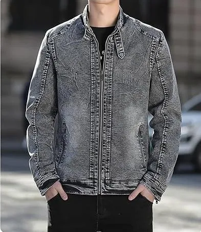 Men's Vintage Stand Collar Denim Jacket Casual Lightweight Distressed Motorcycle Coat Slim Zipper Warm Jean Jacket