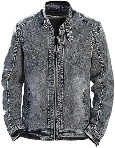 Men's Vintage Stand Collar Denim Jacket Casual Lightweight Distressed Motorcycle Coat Slim Zipper Warm Jean Jacket