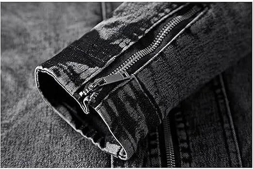Men's Vintage Stand Collar Denim Jacket Casual Lightweight Distressed Motorcycle Coat Slim Zipper Warm Jean Jacket