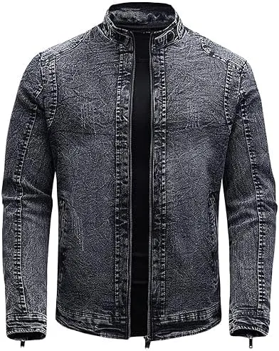 Men's Vintage Stand Collar Denim Jacket Casual Lightweight Distressed Motorcycle Coat Slim Zipper Warm Jean Jacket