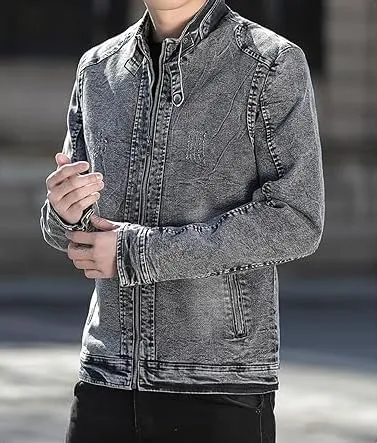 Men's Vintage Stand Collar Denim Jacket Casual Lightweight Distressed Motorcycle Coat Slim Zipper Warm Jean Jacket