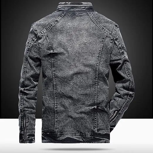 Men's Vintage Stand Collar Denim Jacket Casual Lightweight Distressed Motorcycle Coat Slim Zipper Warm Jean Jacket