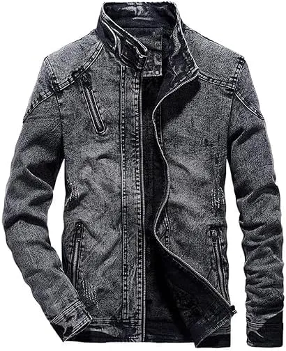 Men's Vintage Stand Collar Denim Jacket Casual Lightweight Distressed Motorcycle Coat Slim Zipper Warm Jean Jacket