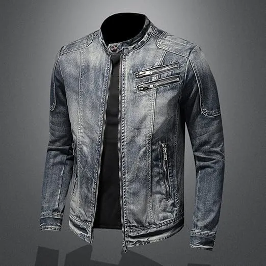 Mens Warm Winter Denim Jacket Stand Collar Fleece Lined Trucker Jackets Fashion Vintage Distressed Motorcycle Coat
