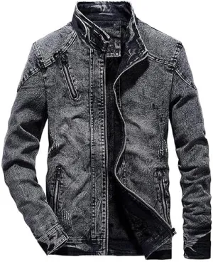 Mens Warm Winter Denim Jacket Stand Collar Fleece Lined Trucker Jackets Fashion Vintage Distressed Motorcycle Coat