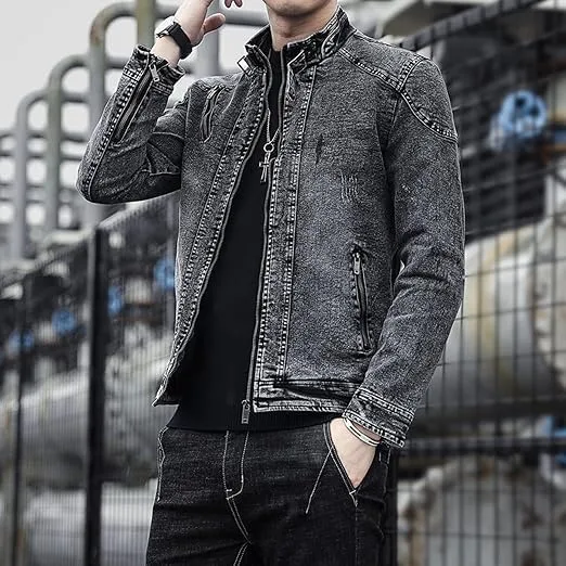 Mens Warm Winter Denim Jacket Stand Collar Fleece Lined Trucker Jackets Fashion Vintage Distressed Motorcycle Coat
