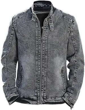 Mens Warm Winter Denim Jacket Stand Collar Fleece Lined Trucker Jackets Fashion Vintage Distressed Motorcycle Coat