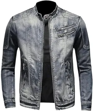 Mens Warm Winter Denim Jacket Stand Collar Fleece Lined Trucker Jackets Fashion Vintage Distressed Motorcycle Coat