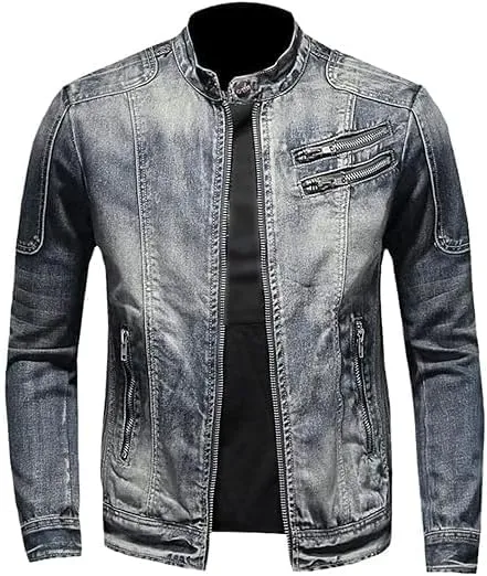 Mens Warm Winter Denim Jacket Stand Collar Fleece Lined Trucker Jackets Fashion Vintage Distressed Motorcycle Coat