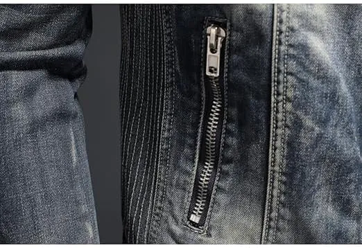 Mens Warm Winter Denim Jacket Stand Collar Fleece Lined Trucker Jackets Fashion Vintage Distressed Motorcycle Coat