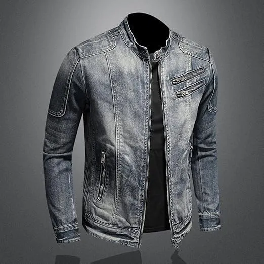 Mens Warm Winter Denim Jacket Stand Collar Fleece Lined Trucker Jackets Fashion Vintage Distressed Motorcycle Coat