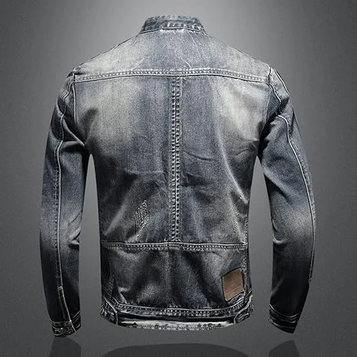 Mens Warm Winter Denim Jacket Stand Collar Fleece Lined Trucker Jackets Fashion Vintage Distressed Motorcycle Coat