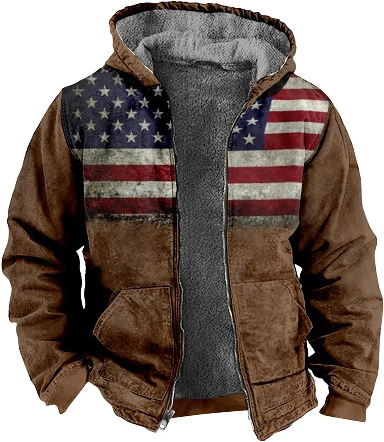 Mens Zipper Hoodies Winter Sherpa Lined Graphic Jacket Oversized Heavy Windbreaker Coat Big And Tall Windproof Outwear