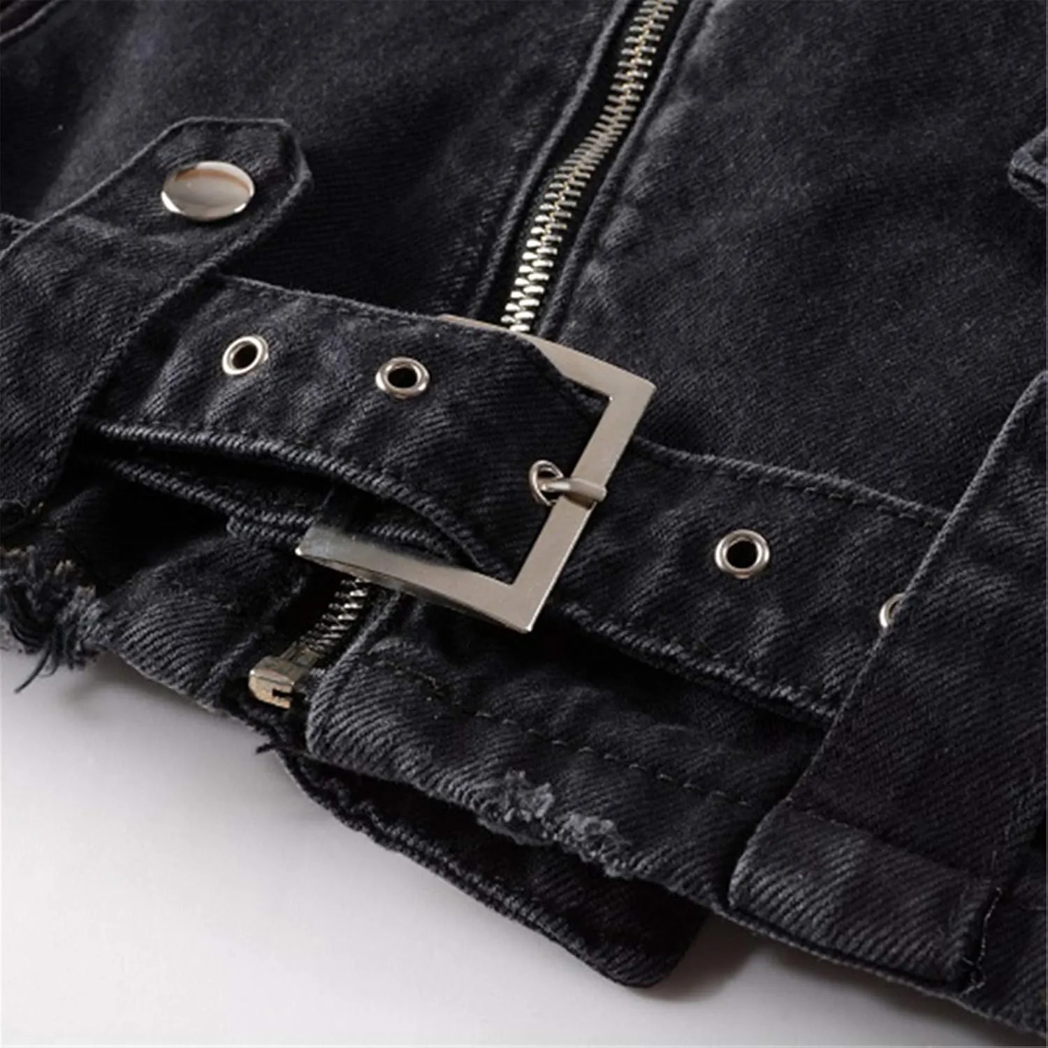 Men's Zippers Black Biker Jean Jacket Streetwear Thick Denim Slim Coat With Belt