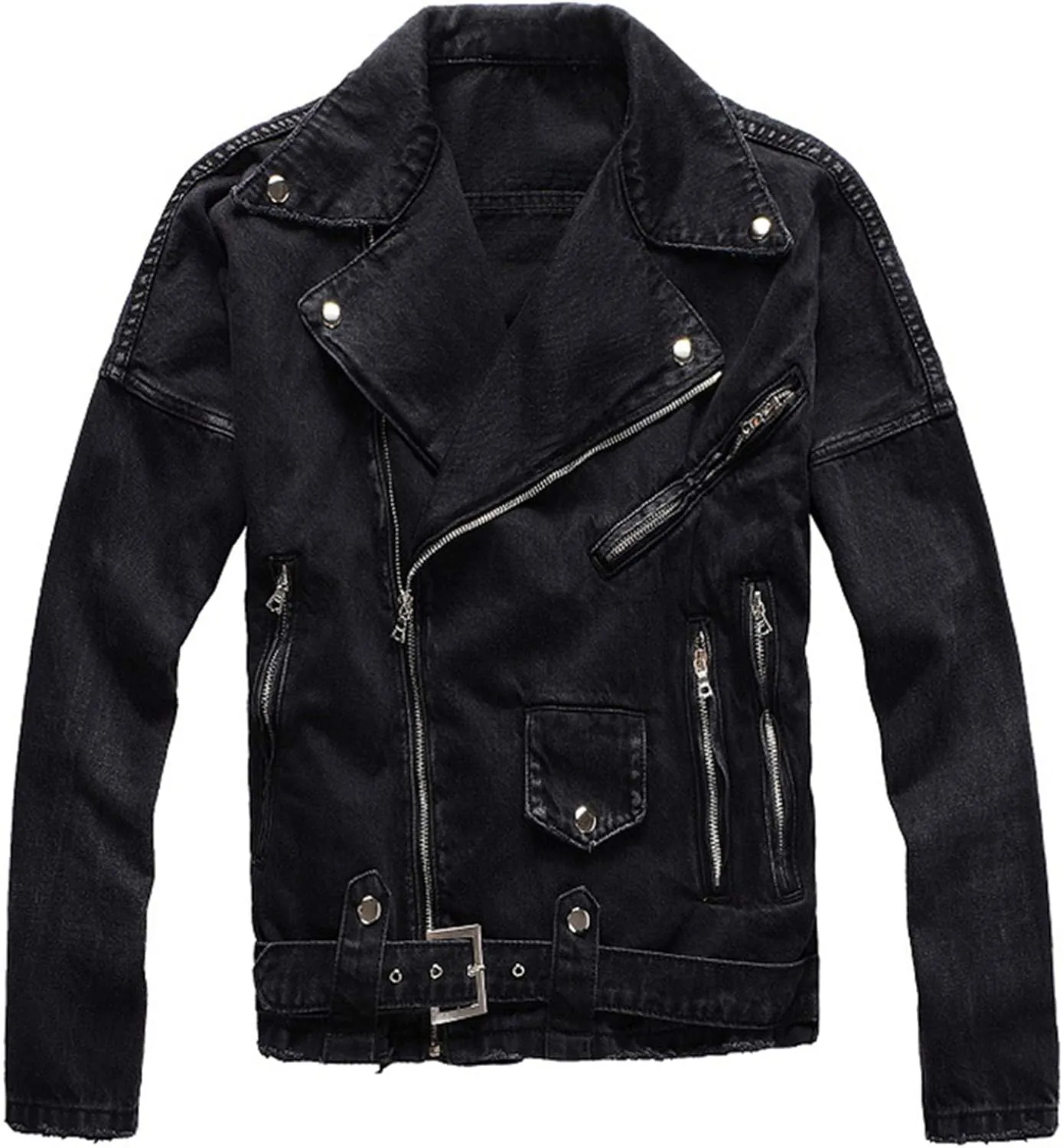 Men's Zippers Black Biker Jean Jacket Streetwear Thick Denim Slim Coat With Belt