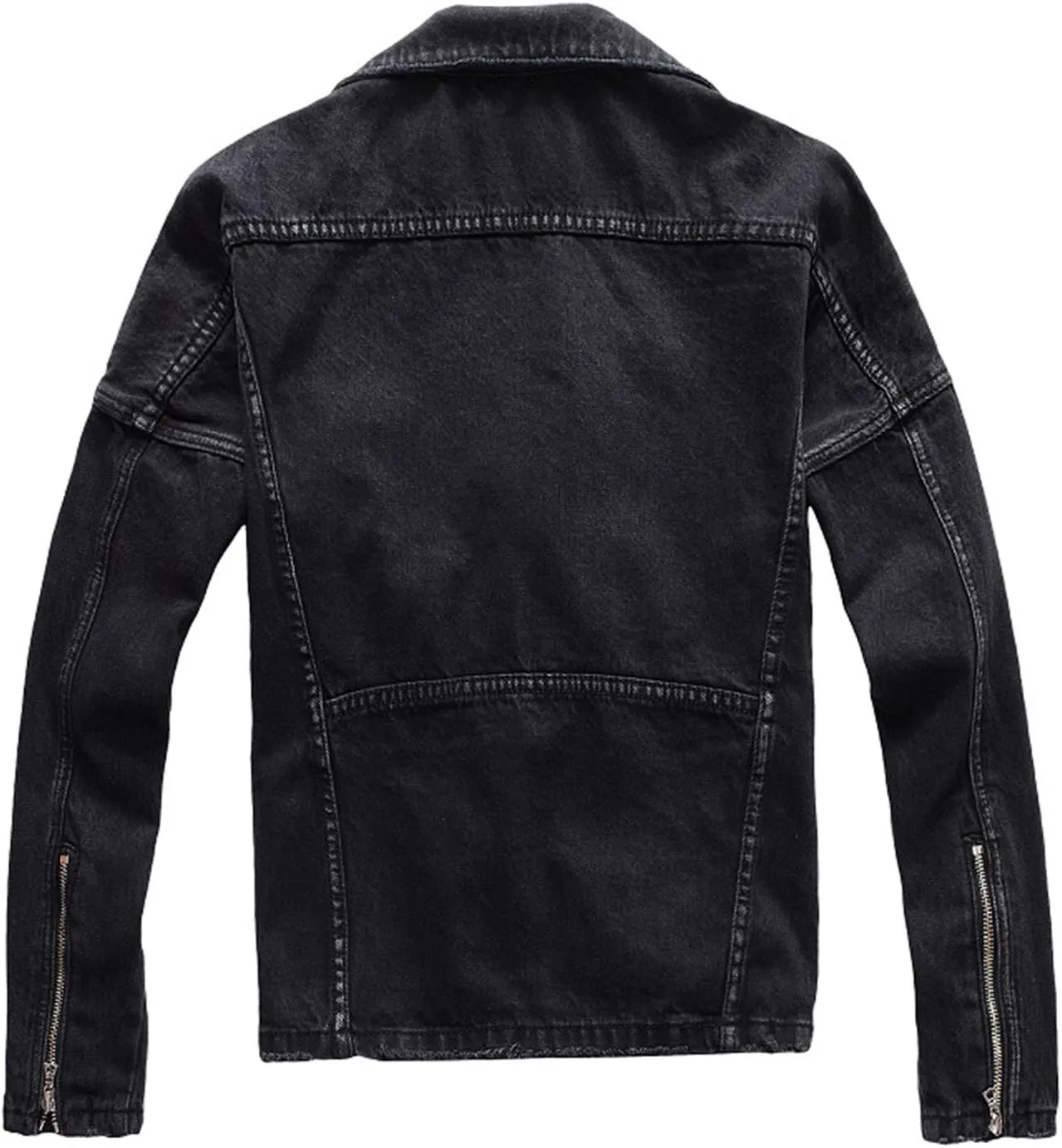 Men's Zippers Black Biker Jean Jacket Streetwear Thick Denim Slim Coat With Belt