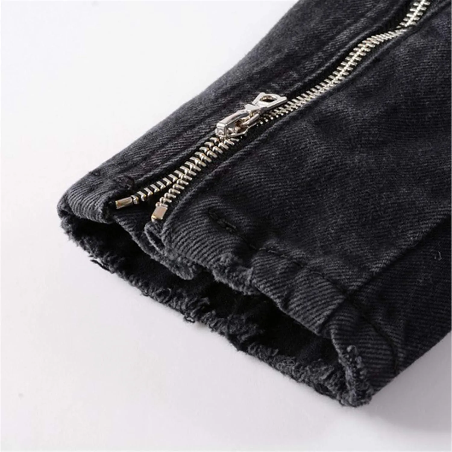 Men's Zippers Black Biker Jean Jacket Streetwear Thick Denim Slim Coat With Belt