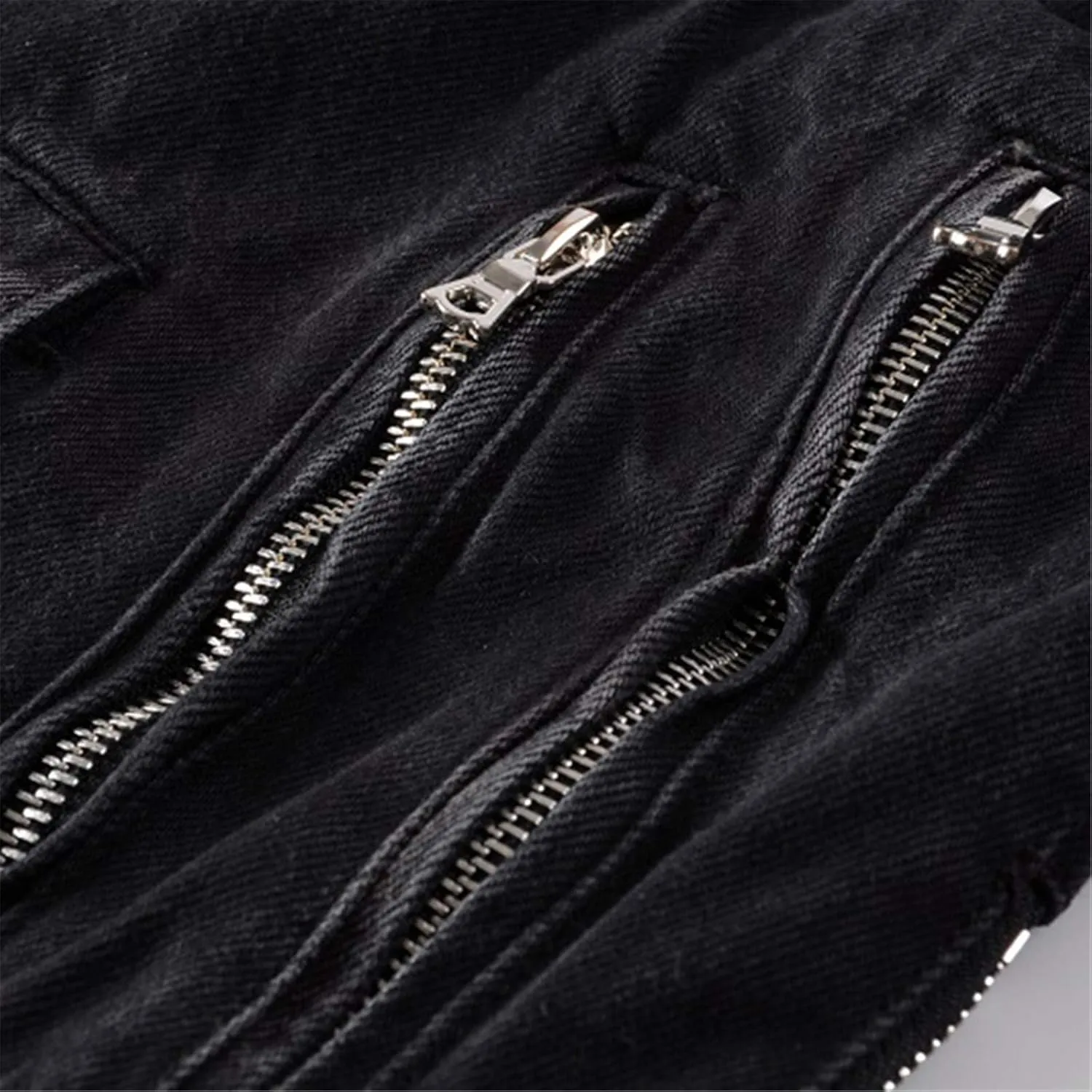 Men's Zippers Black Biker Jean Jacket Streetwear Thick Denim Slim Coat With Belt