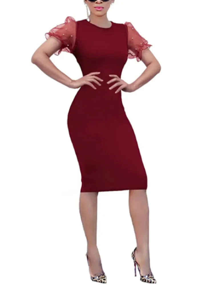 Mesh Pearl Puff Sleeve Split Midi Dresses