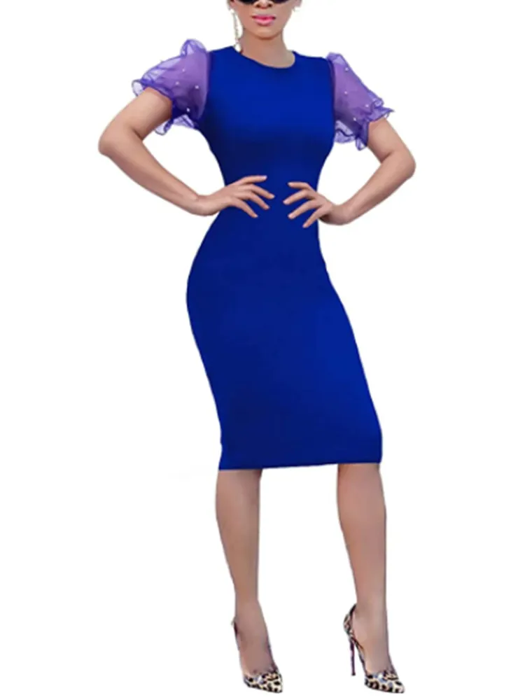 Mesh Pearl Puff Sleeve Split Midi Dresses