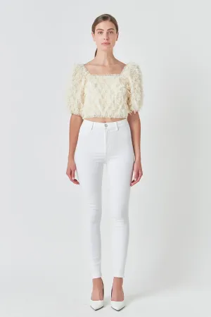 Mesh Trimmed Puff Sleeve Top