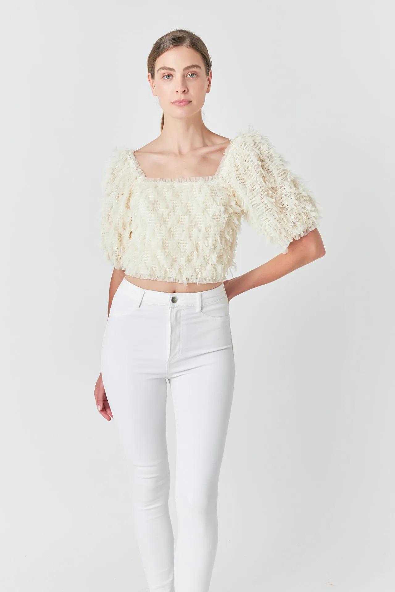 Mesh Trimmed Puff Sleeve Top