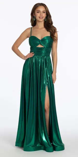 Metallic Foil Pleated Keyhole Lace Up A Line Dress