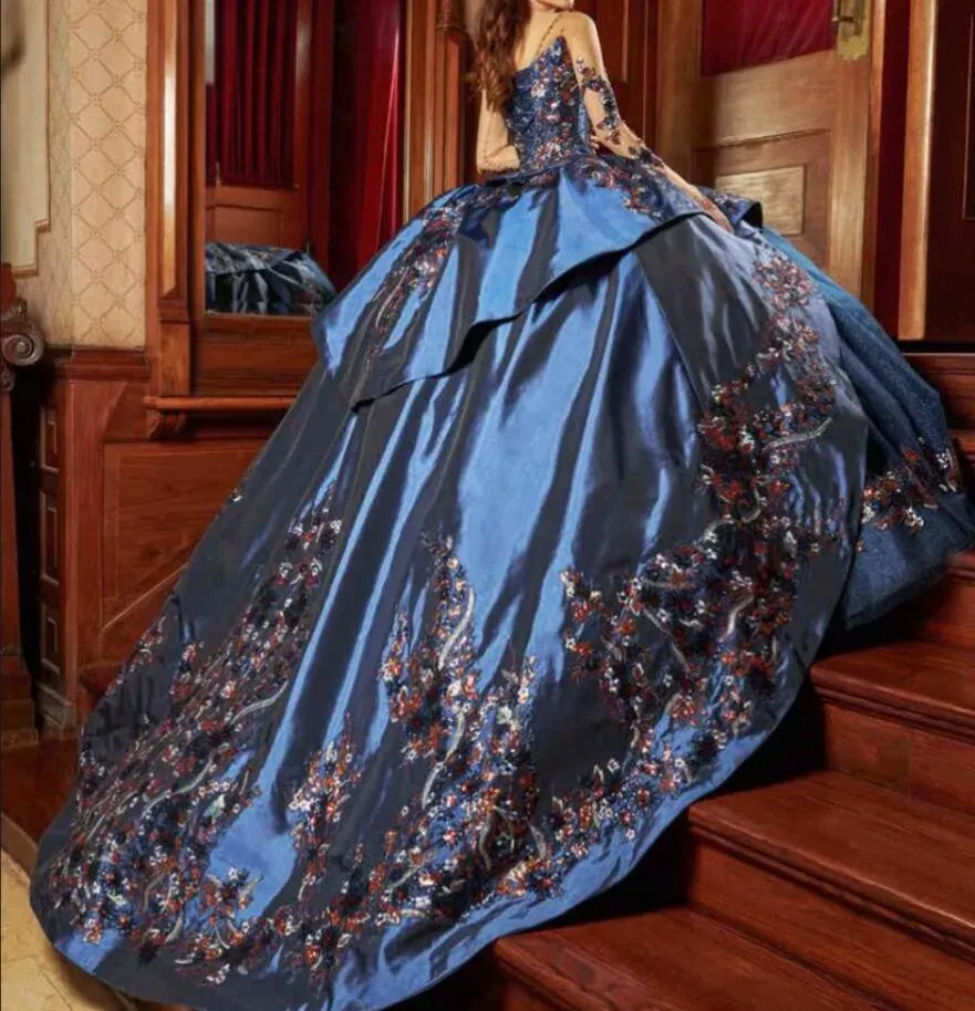 Mexican Navy blue Quinceanera Dresses long sleeve Flowers Lace Appliques Rhinestones Sweet 16 Dress Vestido De 15 Anos lace up