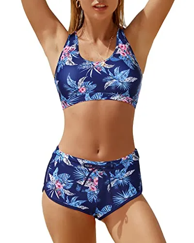 Mid Waist Boyleg Shorts Two Piece Bathing Suits For Women-Blue Floral