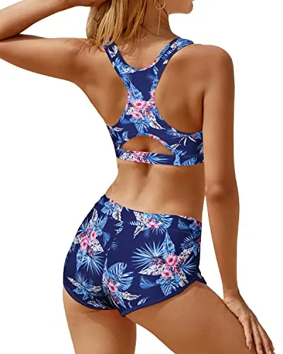 Mid Waist Boyleg Shorts Two Piece Bathing Suits For Women-Blue Floral