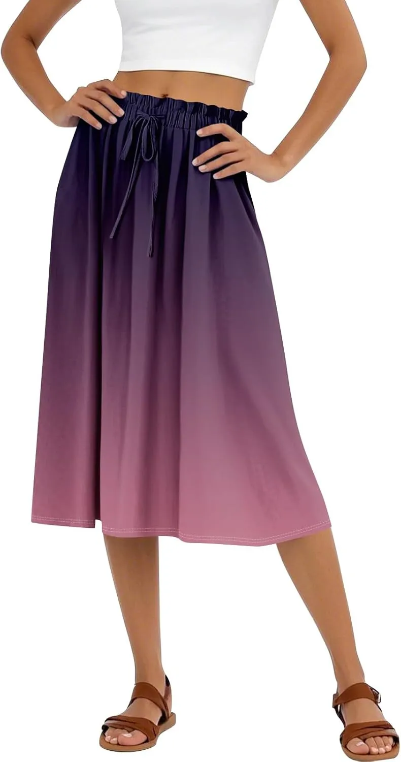 Midi Boho Floral Skirts for Women Trendy A Line Skirt Drawstring High Elastic Waist Comfy Flowy Skorts