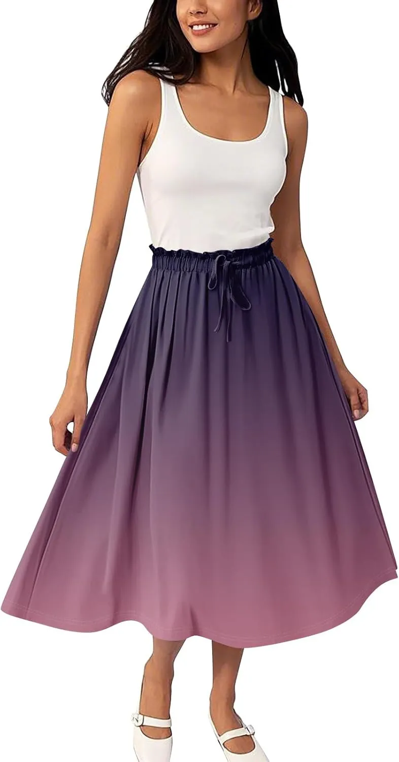 Midi Boho Floral Skirts for Women Trendy A Line Skirt Drawstring High Elastic Waist Comfy Flowy Skorts