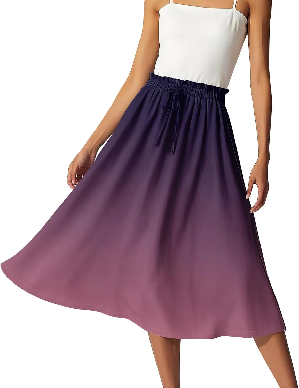 Midi Boho Floral Skirts for Women Trendy A Line Skirt Drawstring High Elastic Waist Comfy Flowy Skorts