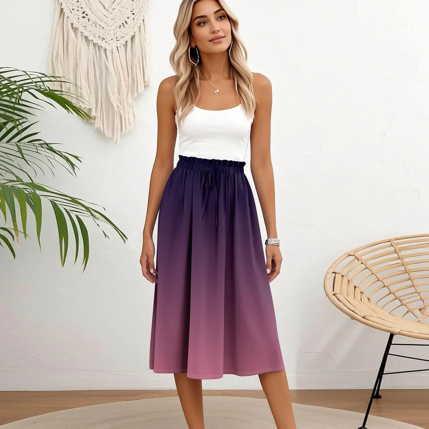 Midi Boho Floral Skirts for Women Trendy A Line Skirt Drawstring High Elastic Waist Comfy Flowy Skorts