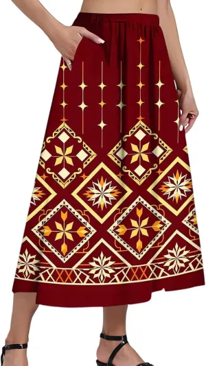 Midi Boho Floral Skirts for Women Trendy Comfy Flowy High Elastic Waist A Line Skirt Skorts with Pockets