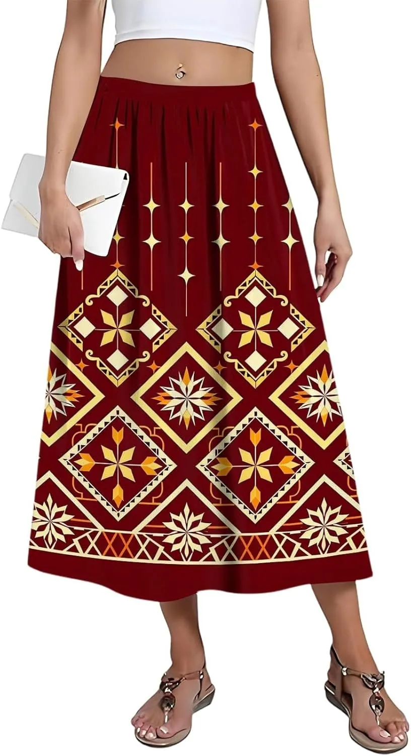 Midi Boho Floral Skirts for Women Trendy Comfy Flowy High Elastic Waist A Line Skirt Skorts with Pockets