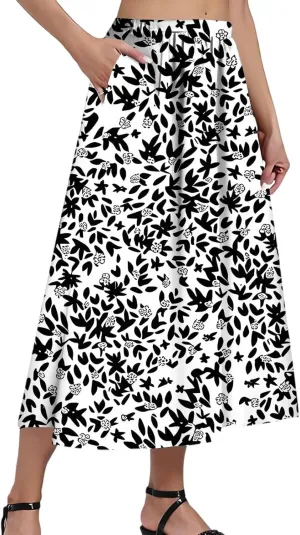 Midi Boho Floral Skirts for Women Trendy High Elastic Waist Comfy Flowy A Line Skirt Skorts with Pockets